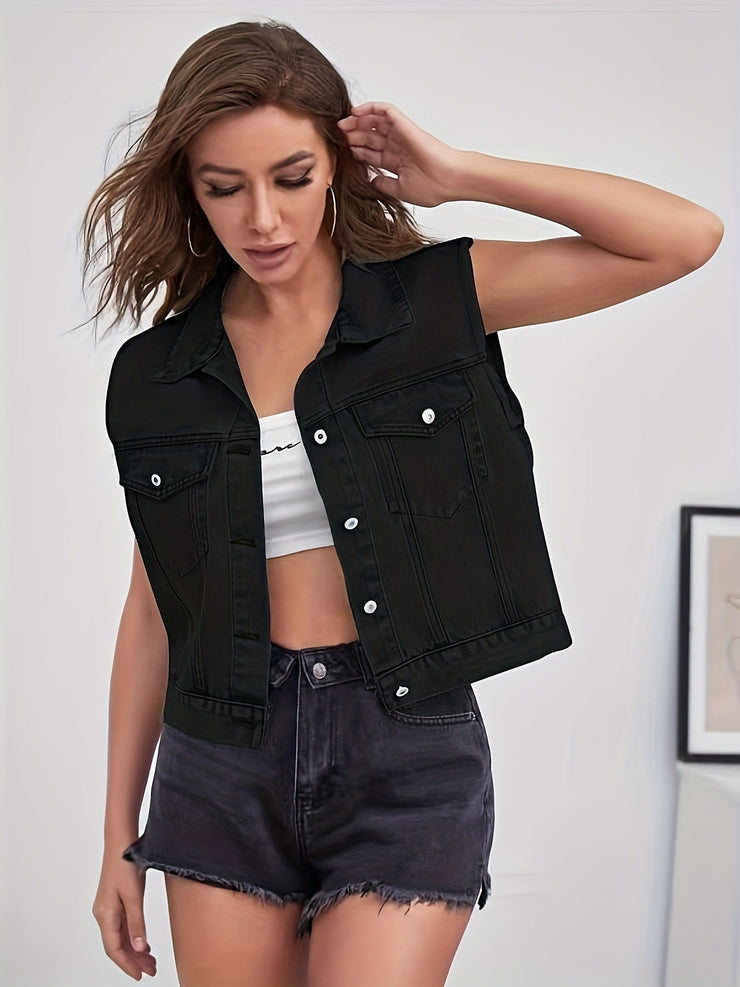 Ärmellose Jeansjacke mit Pattentaschen