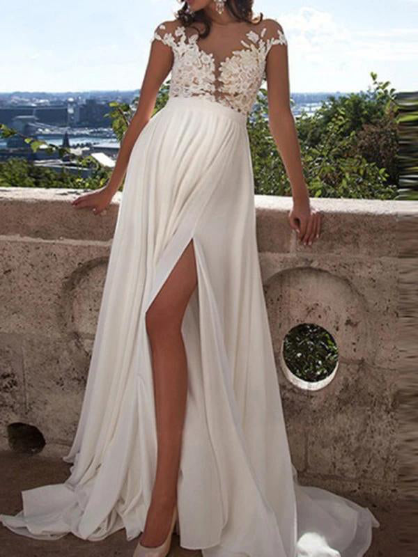 Glamour Garten Umstandsabend-Brautkleider, Spitzenkleider, seitlicher Schlitz, rückenfrei, V-Ausschnitt, Weiß