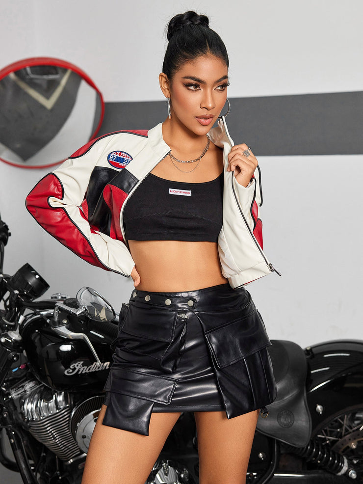 Glamour Garten | Gekürzte Leder-Moto-Jacke mit Farbblock